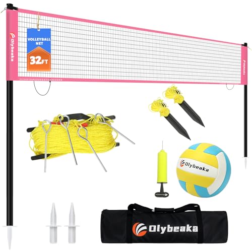 Portable Outdoor Volleyball Net Set for Backyard Beach with Adjustable Poles Soft PU Volleyball & Pump Carry Bag and Durable Anti-Sagging Net (Pink 32ft)