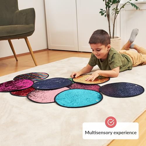 Image of ODOXIA Sequin Fabric Mats | Sequin Fabric Sensory Wall | Reversible Sensory Tiles for Kids | Flip Wall | 10-Pack (Rectangles)