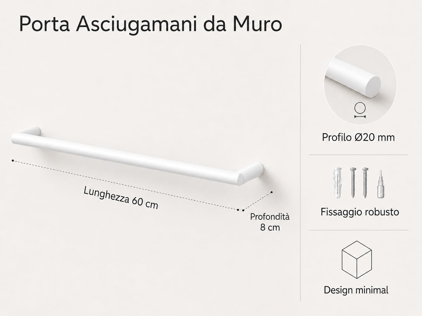 Porta Asciugamani da Muro ZENO 60 cm in Acciaio Bianco Opaco – Design Minimalista e Moderno per Bagno – Barra Porta Salviette Made in Italy