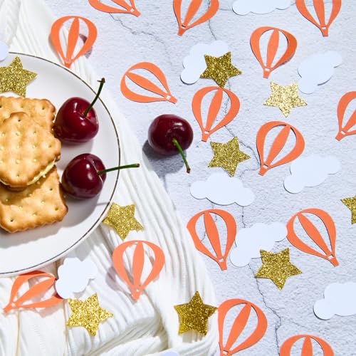 Image of MOWO Gold Star White Clouds Orange Hot Air Balloons Confetti | Baby Shower Graduation Birthday Wedding Theme Party, 1.2 inch in Diameter, 200 Counts