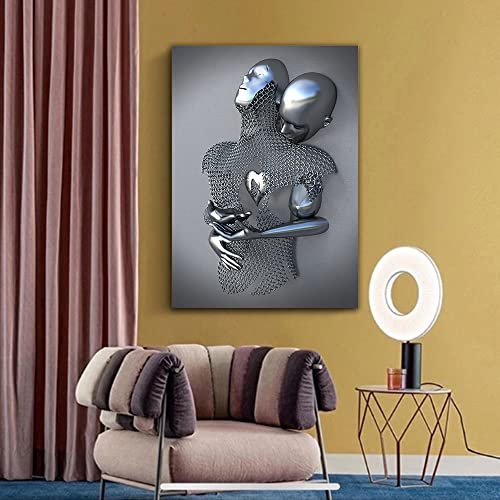 Framed Black And White Picture Poster Prints Love Heart 3D Black Canvas Wall Art Decor Metal Sculpture Effect Modern Paintings For Wall Gray-3D Abstract Hug Wall Decor For Living Room Bedroom(C) #TOP6