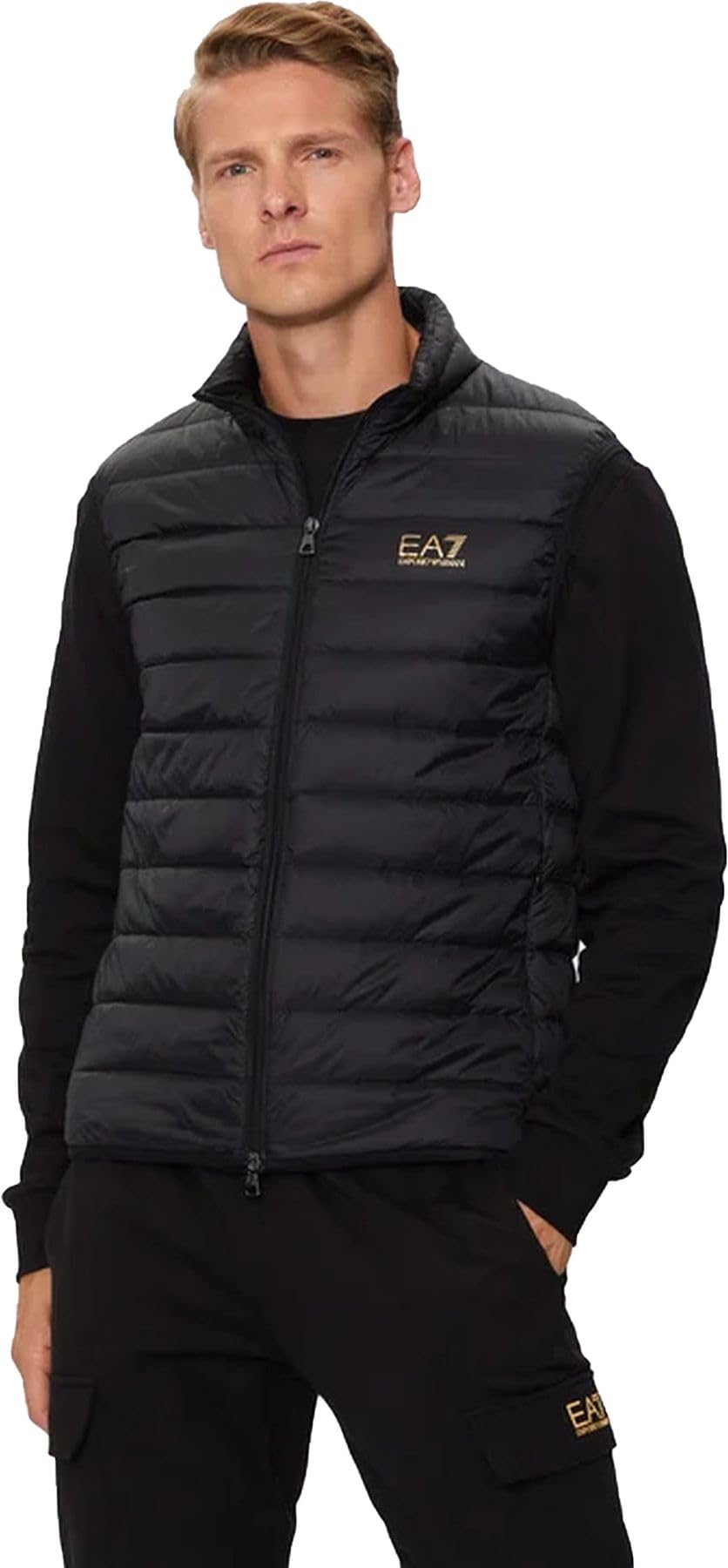 Ea7 Men's Black/Gold Woven Down Gilet, Large