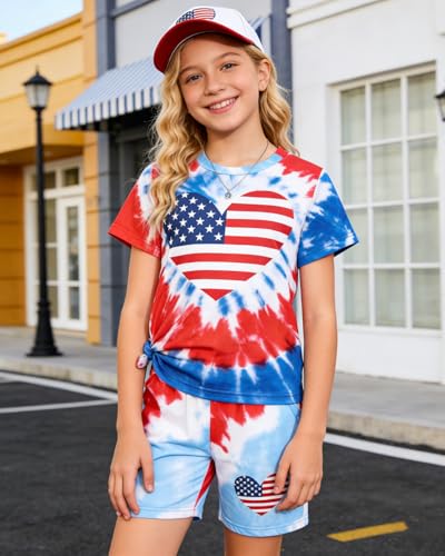 Image of 7-14Y Tween Girl Clothes 2 Piece Short Sleeve Tie Dye Heart Print Top and Shorts Teen Girl Summer Outfits Short Set