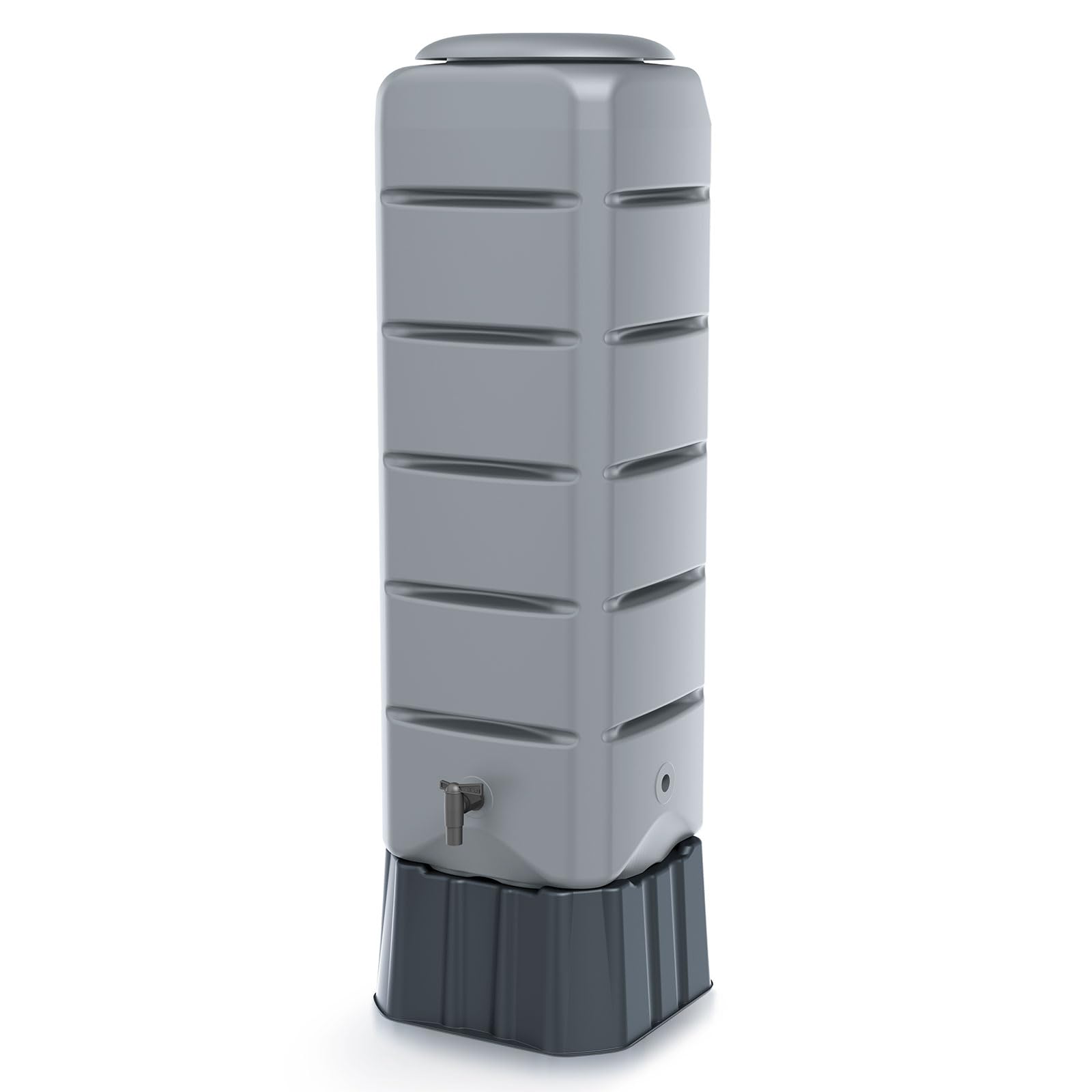 Regentonne Regenwassertank Standard eckig Komplett-Set mit 120 Liter Volumen in der Farbe grau ist aus UV- und witterungsbeständigem Material mit kindersicherem Deckel