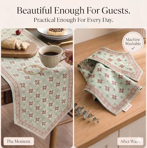 Image of Premium Dining Table Runner | Washable Farmhouse Style Heat Resistant Table Cover for 4 & 6 Seater | Elegant Home & Coffee Table Decor | Soft Viscose Rayon & Cotton | 13x72 Inch | Pista