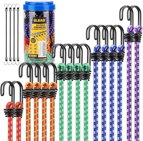 24-Piece Heavy Duty Bungee Cord Assortment With Hooks - 10" To 48" Elastic Cords, UV Resistant, In Storage Jar For Camping, Tarping & Gear Securing