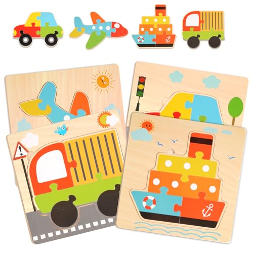 Holzpuzzle Kinder, 4er-Set Holzpuzzle Ab 2 Jahre, Steckpuzzle Montessori Spielzeug, Puzzle Lernspielzeug, Fahrzeug Holzpuzzle Geschenke für Kinder 3 4 5 6 Jahren