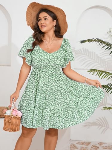 Image of SHESTARR Womens Plus Size Casual Mini Dress Sweetheart Neckline Short Flutter Sleeve Smocked A Line Tiered Ruffle Dresses