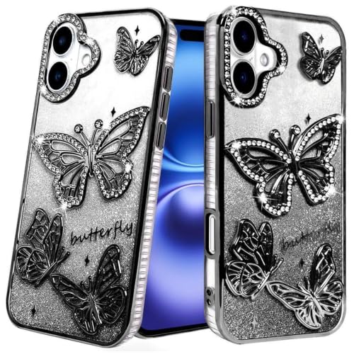 Image of VONZEE Electroplated Butterfly Case Compatible with iPhone 17, Pearlescent Diamond Sparkle Soft TPU Cover, Shockproof Drop Protection, Camera Lens Guard Stylish Phone Case for Women & Girls, Black