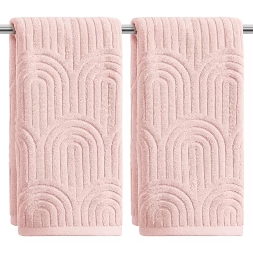 Artoid Mode 2 Pcs Pink 3D Arched Stripes Jacquard Hand Towels for Bathroom 100% Cotton Soft Absorbent Bathroom Decor Towels 13.7 x 29.5 Inch