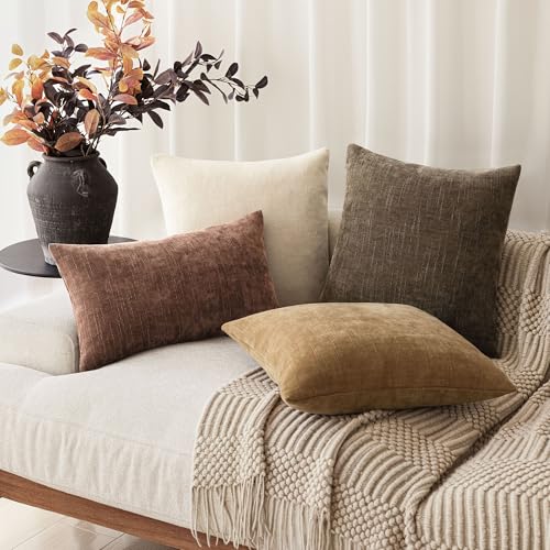Image of Foindtower Pack of 2 Soft Textured Chenille Throw Decorative Pillow Covers Square Accent Solid Cushion Cover Neutral Farmhouse Pillow Case for Couch Sofa Bedroom Living Room 16x16 Inch,Taupe Brown