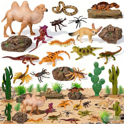 Furjane 34 Pcs Desert Animals Figurines Set Model Trees Kit