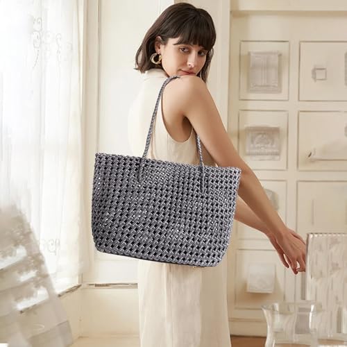 Image of JINMANXUE Woven Tote Bag For Women,Travel Shoulder Bag, Large Hollow Beach Soft Satin Handbags Hand-woven Satchel Clutch