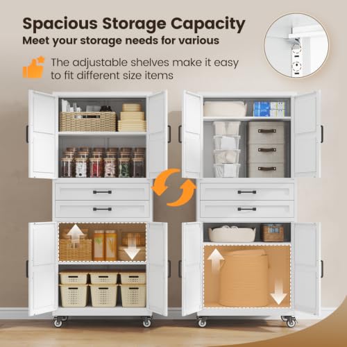 Image of White Metal Garage Storage Cabinet Rolling Kitchen Storage Pantry Cabinet
