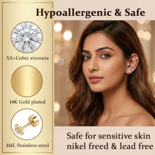 Image of SANNIDHI 10 Pairs Earrings Set for Women Small Stainless Steel Studs | Gold Rhinestones Star Helix Earring Hypoallergenic Dainty Hearts Cartilage Earrings Combo for Multiple Piercing