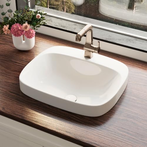 Image of 20″W x 17″D Drop In Bathroom Sink with Free Pop-Up Drain, White Ceramic Rectangular Semi Recessed Bathroom Sink with Single Faucet Hole, Modern Vessel Sink, Durable Above Counter Basin
