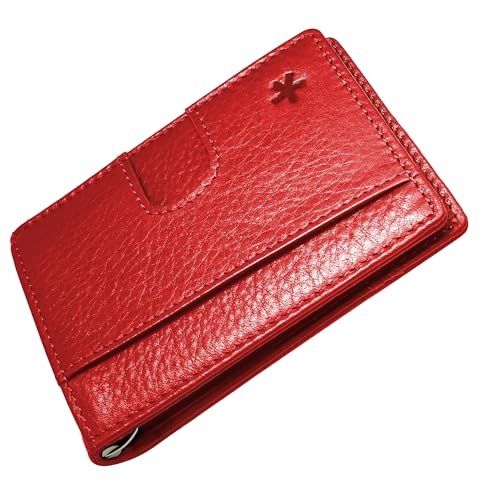 Swear Brands Full Grain Leather Wallet with RFID Blocking & Money Clip - Minimalist Bifold Wallet Holds 12 Cards - Easy Access Pull Tab - Ethically Sourced (Red)
