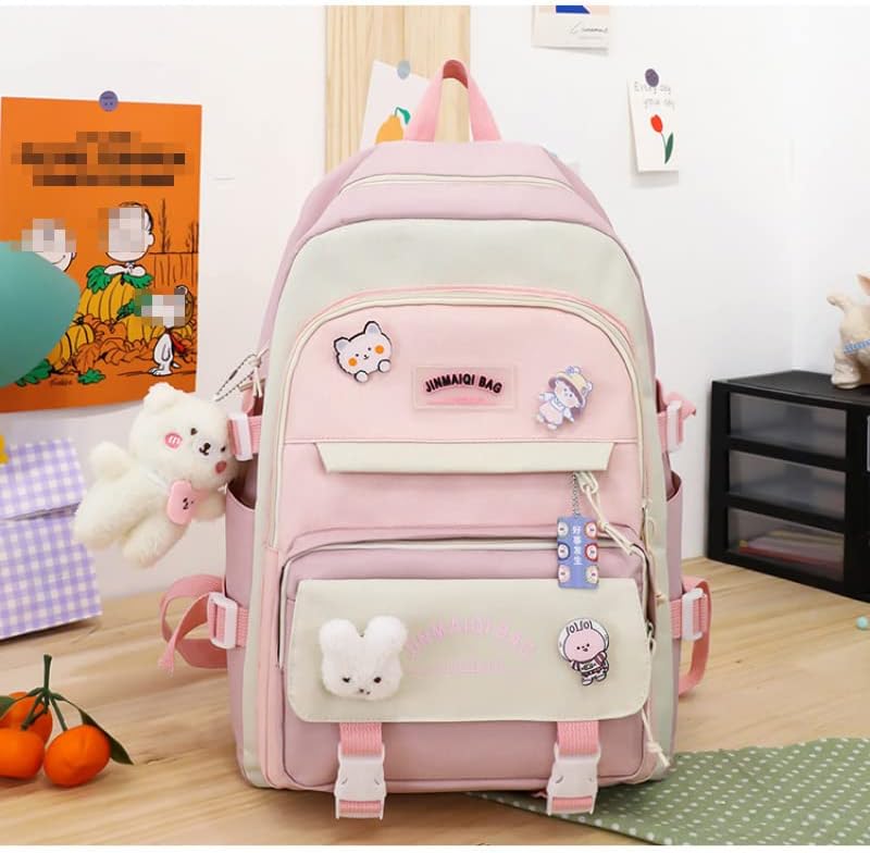 Miniatura 4 de Women Kawaii 5Pcs Backpacks Cute Bunny Pins Bear Pendant Combo Bookbag Back To School Supplies Preppy Travel Bag (Pink,Large)