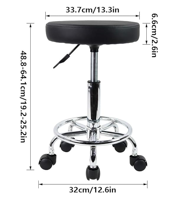 KKTONER PU Leather Round Rolling Stool with Foot Rest Swivel Height Adjustment Spa Drafting Salon Tattoo Work Office Massage Stools Task Chair Small (Black) by KKTONER - Image 3