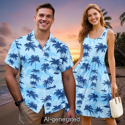 Image of Dreaweet Summer Dresses for Women A-Line Sleeveless Flowy Sun Dresses,Men's Casual Button-Down Shirts,Couple Matching Outfits