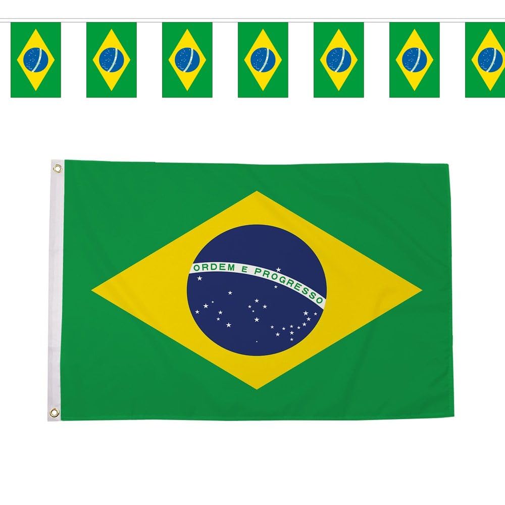 Flagtex Brazil Selecao World Cup 2026 Large Team Bundle Includes 8ft x 5ft Premium Polyester Flag and 9m Rectangle Bunting Football Fan Pack Indoor Outdoor Decoration