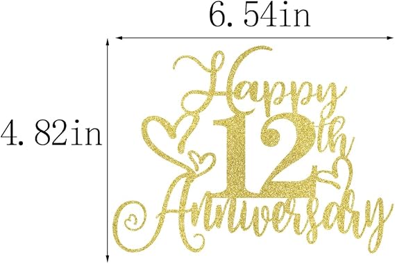Gold Glitter Happy 12th Anniversary Cake Toppers-Wedding Anniversary Party