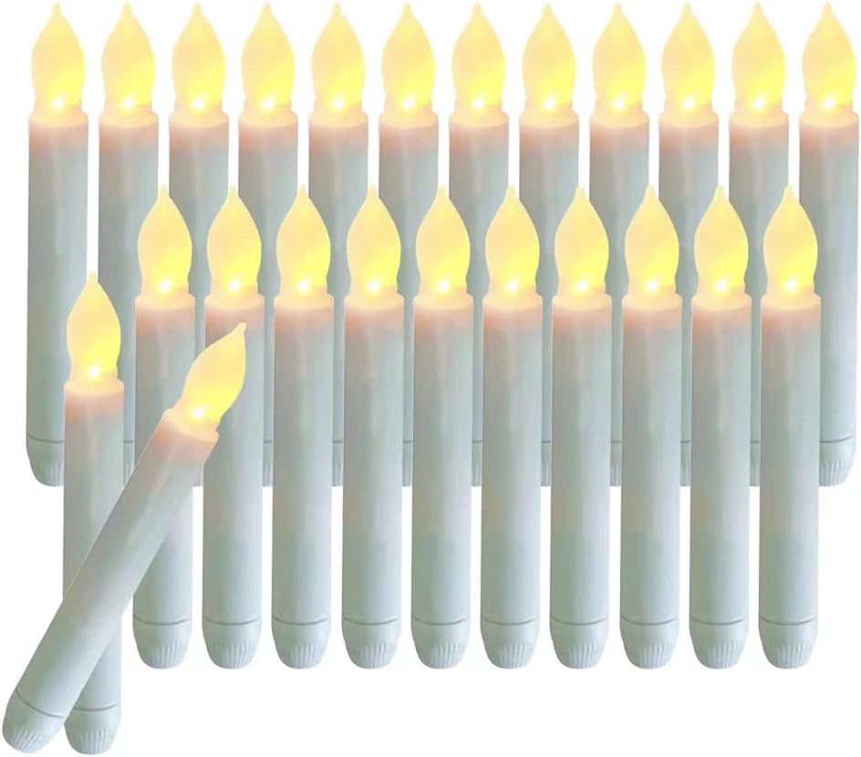 24 PCS Flameless LED Taper Candles Lights, Battery Operated Candlesticks with Warm White Flickering Flame, 0.79 x 6.5 Inches Dripless Fake Floating Taper Candles for Church Wedding Xmas