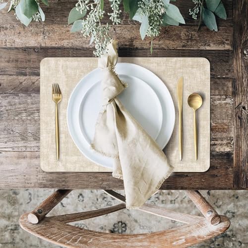 Faux Leather Placemats Set of 6, Heat Resistant Wipeable Washable PVC Place Mats, Reversible Waterproof Oil Proof Table Mats for Kitchen Dining Party Indoor Outdoor, 12" x 17", Beige