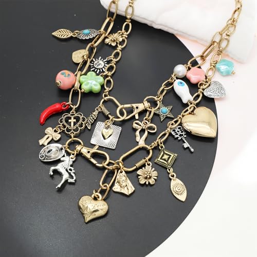 Chunky Retro Heart Necklace for Women Antique Layer Beach Ocean Moon Stars Western Boho Charm Necklaces Retro Link Chain Jewelry3