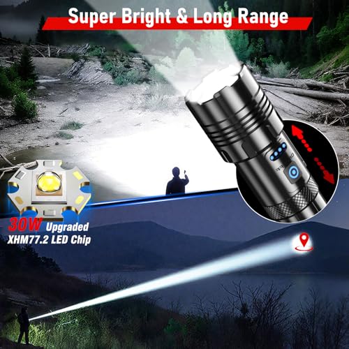 Image of Shadowhawk Torch Lights Rechargeable, Led Torch Light High Power 10000 Lumen, XHM77.2 Long Distance Flash Light Charging Torchlight, Powerful 7 Light Modes Flashlight for Trekking Hunting Emergency