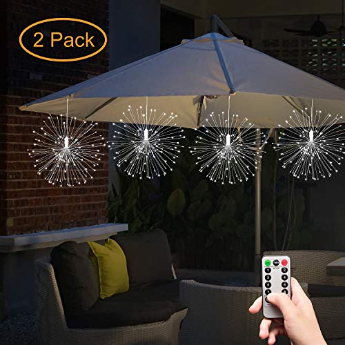 Luces de jardín Ooklee Firework funciona con pilas, 120 luces LED 8 modos impermeables para colgar con mando a distancia Starburst alambre de cobre para decoración interior al aire libre (blanco frío)