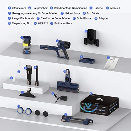 VICSONIC S7 Akku Staubsauger, 480W/35KPa Starke Saugleistung Kabellos bis zu 65 Min Laufzeit, 8-in-1 Beutellos, OLED Smartes Touch Display, 180 ° Faltbar, 4 Leistungstufe, Blau