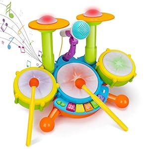 Kids Drum Set Musical Toys for Toddlers 1-3 with 2 Sticks Microphone Instruments Piano Light Up 1 Year Old Boy Girl Gifts 6 12 18 Month Learning Developmental Toddler Age 2-4 Birthday Gift
