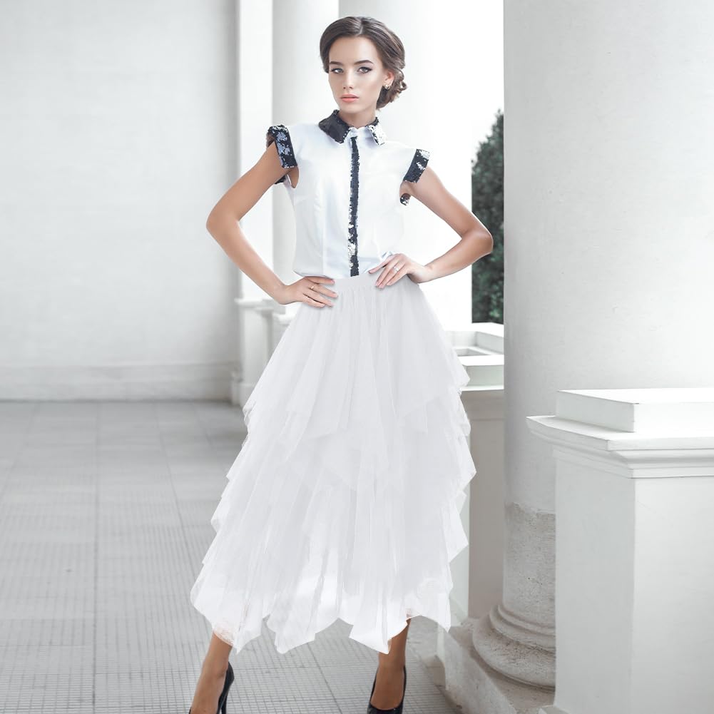 AUYAO Falda Tul Mujer Cintura Elástica Tutu Irregular Plisada Gasa Vintage Ballet Prom