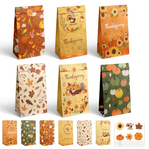 qiqee 30Pcs Thanksgiving Sunflower Treat Paper Bags with 30 Stickers