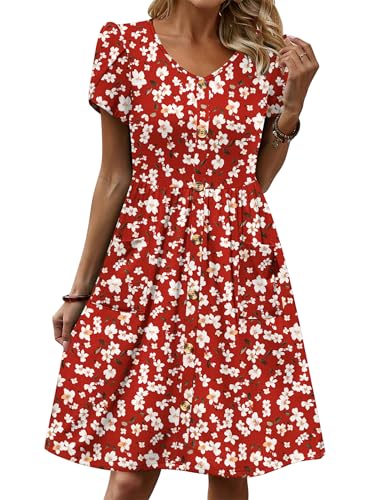 Zeagoo Sommerkleid Damen Kurzarm Kleider Freizeit Strandkleider Elegant Knielang Kleid Blumen Shirtkleid A-Linie Midikleid Rot Floral L