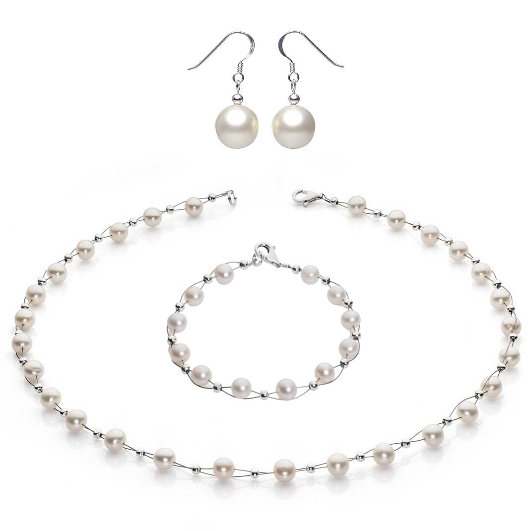 Perlenkette Collier Armband Ohrringe Schmuck-Set weiß echte Perlen Hochzeit Damen Frauen Brautschmuck
