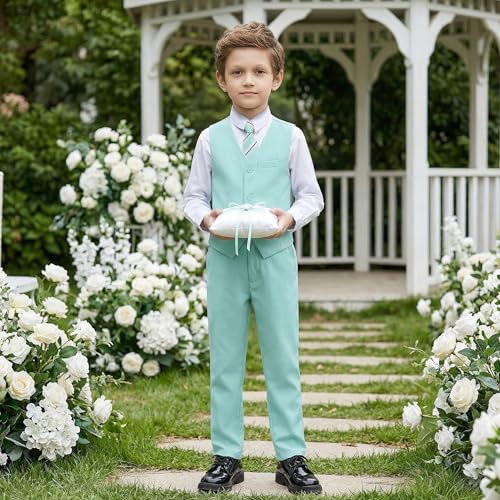 4 Piece Boys Suits Formal Outfit Kids Tuxedo Suits Set MintGreen Size 14 by SaiLiiny - Image 2