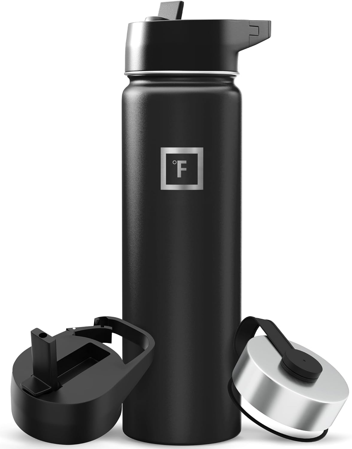 Camping & Hiking Hydration Flask with 3 Lids - Stainless Steel, Double Walled & Vacuum Insulated Water Bottle - Leak Proof & BPA Free (Midnight Black, Straw - 22 oz)