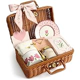 Originales Regalos para Mujer Cumpleaños Set, Elegante Canasta de Regalo & Vajilla de Cerámica con Tazas & Vela Perfumada & Collar, Regalos del Día de la Madre para Mamá San Valentín Mujeres Esposa