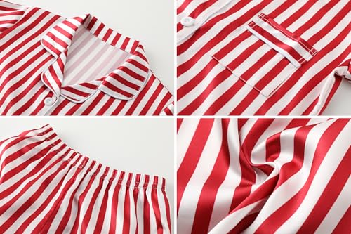 Image of Umeyda Women & Girls Pajamas Set, 2 Piece PJS Satin Silk Sleepwear Button-Down Top with Shorts for Mom Kids Gifts