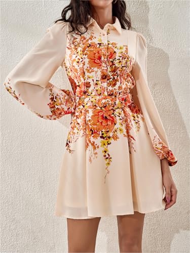 Image of Women Long Sleeve Spring Button Down A-Line Floral Print Summer Cocktail Shirt Dresses with Belt