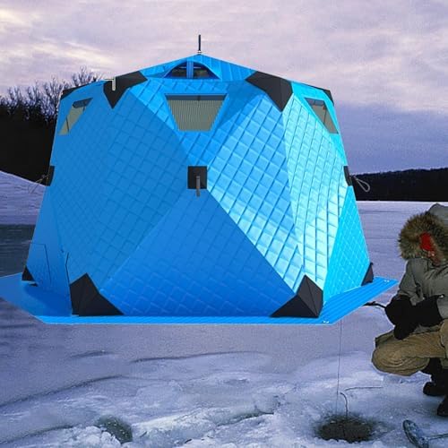 Portable Ice Fishing Shelter Tent with Stove Jack & Floor, 420D Hexagon Ice Hut for Winter Fishing, Waterproof & Insulated, 260x260x170cm, Blue