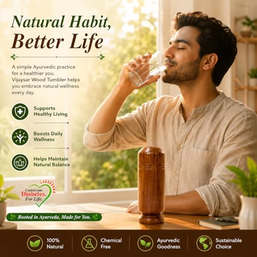 Image of XOMARK Vijaysar Glass | Handcrafted Sugar Care Wooden Tumbler | Ayurvedic Wellness Water Cup | Indian Kino Wood Herbal Drinking Glass | 100ml