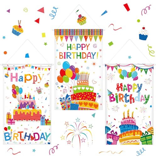 Tegeme 3 Pcs Happy Birthday Banner Door Sign Decor Colorful Happy Birthday Party Door Hanging Decorations Porch Wall Hanging Banner Party Supplies for Kids Girls Boys(Classic White)