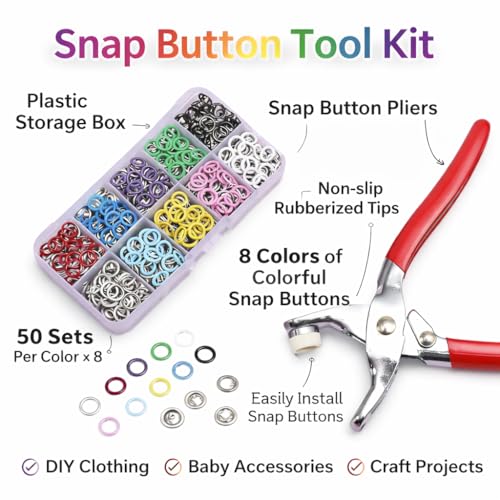 Image of Snap Button Fastener Kit with Plier Tool, Multi-Color | Metal Press Studs Set, For Clothing, Leather, DIY Craft, Repair Kit, Storage Box