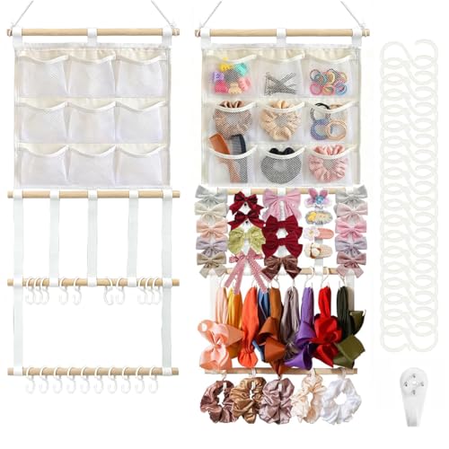Image of HASTHIP Wooden Hair Accessories Organizer Wall Hanging Bows Hairband Hair Clip Organizer for Girls Women, Multi-Compartment Display Rack Storage with Mesh Pockets, Clip Bars and Headband Holder