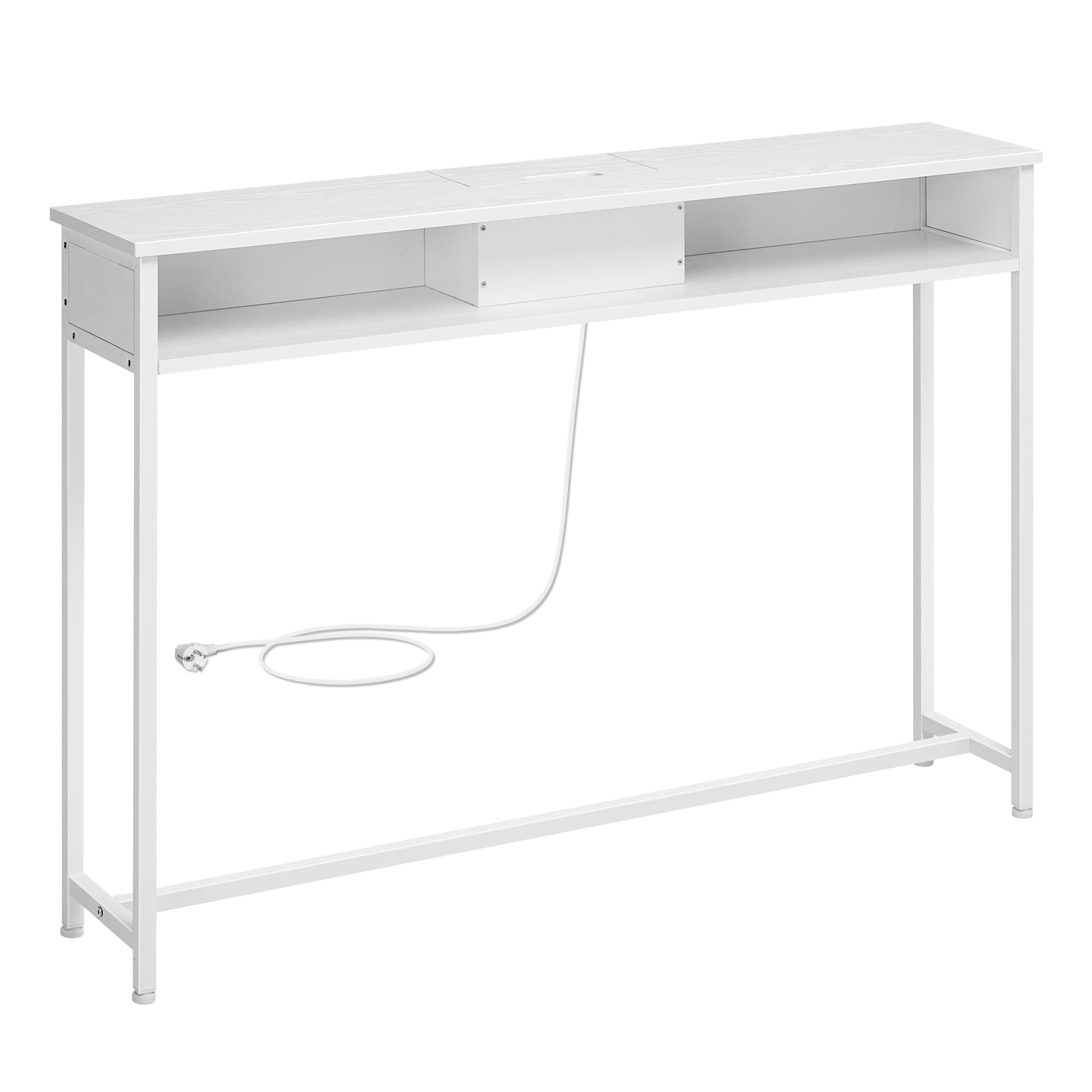 VASAGLE Mesa de Consola Delgada con Multienchufe, Mesa de sofá con 2 Compartimentos, Carga Oculta, Ahorro de Espacio, 25 x 120 x 81 cm, Entrada, Salón, Blanco Nube LNT111W01