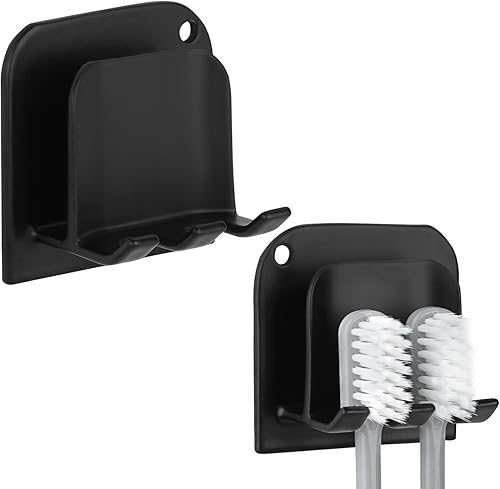 Linkidea Paquete de 2 soportes para cepillos de dientes montado en la pared, 2 ranuras para cepillos de dientes sin perforaciones, soporte para