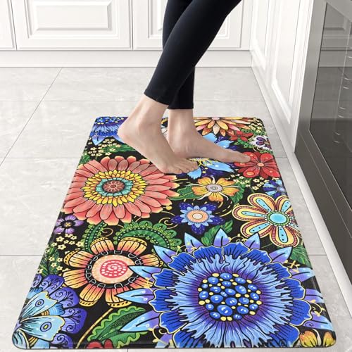 Likiyol Boho Kitchen Rugs, Boho Floral Anti Fatigue Kitchen Mat for Floor, Bohemian Flowers Non Slip Washable Kitchen Floor Mats, Comfort Standing Mat, 18'' x 30''